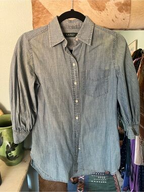 Lauren Ralph Lauren Chambray Puff Sleeve Button Down Shirt XS